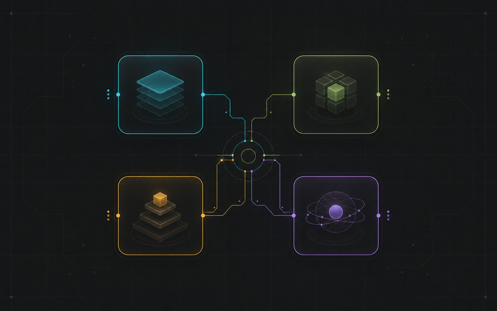 SmarterGPT architecture illustration: connected capability surfaces surrounding a central hub
